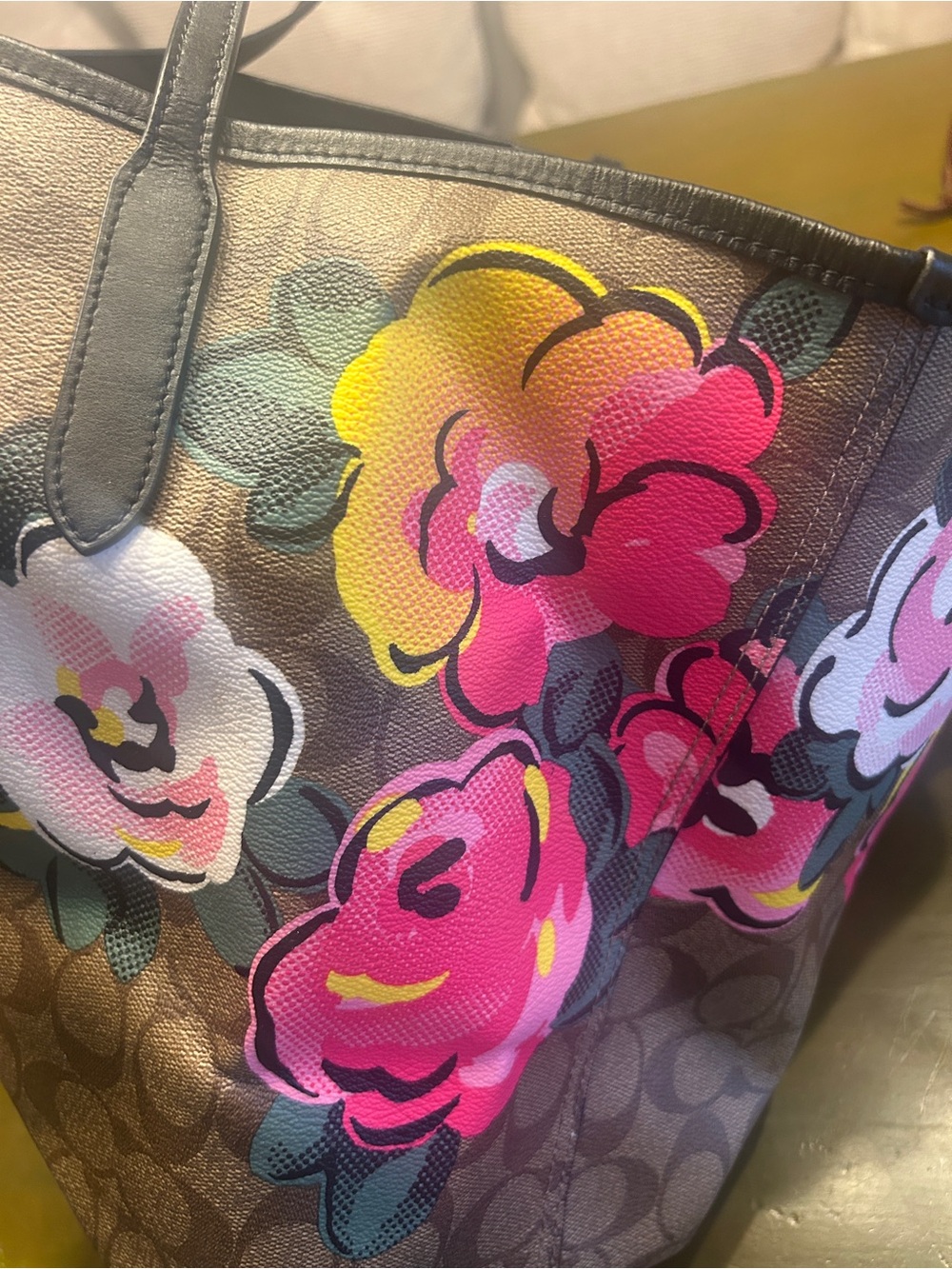 Coach Brown Signature Canvas Floral Tote with Pink & Yellow Blooms - Picture 8 of 9